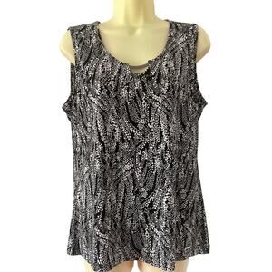 Tahari Black and White Print Slinky Knit Top Blouse Woman Size Large Career